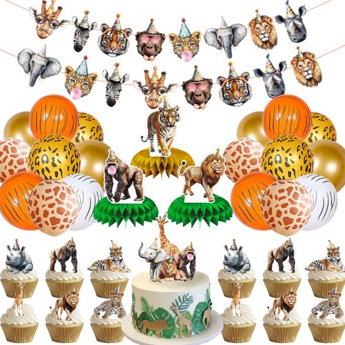 Safari Animals Party Decorations Includes Banner Honeycomb Centerpieces Cake Cupcake Toppers and Balloons Wild Animals Jungle Party Decorations for Baby Shower Decorations