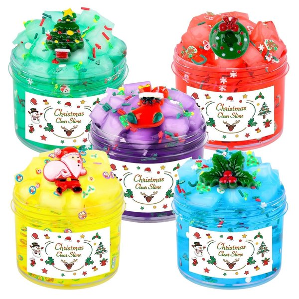 5-Pack Jelly Cube Clear Christmas Slime Kit, with Cute Stickers and Charms, Crunchy Slime, DIY Crystal Slime Party Favors for Girls Boys, Super Soft & Non-Sticky