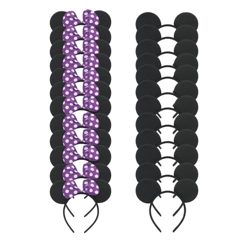 winvin Set of 24 Mouse Costume Deluxe Fabric Ears Headband White Polka Dots Bow Boys Girls Birthday Party Hairs Accessories Baby Shower Headwear Halloween Party Favors Decorations (Purple)