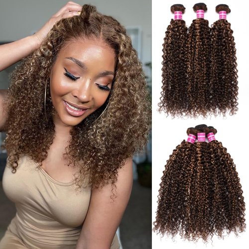 Julia Hair Highlight Honey Blonde Curly Human Hair Bundles 12A Brazilian Curly Human Hair Weave TL412 Color Sew in Hair Extensions Jerry Curly Hair 3 Bundles 16 18 20 Inch