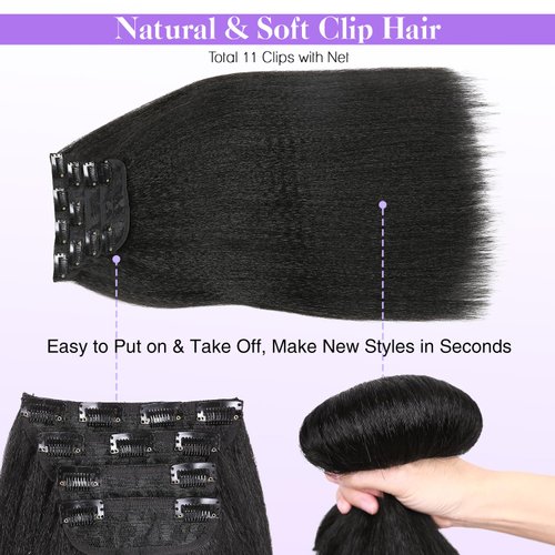 HANNE 22 Inch Kinky Straight Clip Ins Hair Extensions Clip ins for Women 4 Pieces/Lot Yaki Hair Seamless Yaki Clip ins Black Hair Extensions Clip ins for Daily or Party (Black, 22 Inch)