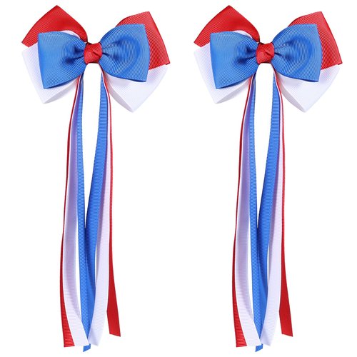 SUPCLIPS 4th of July Hair Bow Clips with Long Tails, Independence Day Handmade Hair Clips, Patriotic Hair Accessories for Kids Girls(Red&White&Blue)