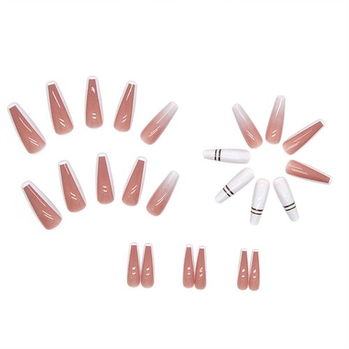 SINHOT Medium Coffin Press on Nails Ballerina Fake Nails Glossy Glue on Nails Gold Line Acrylic Nails with White Gradient False Nails Designs 24 pcs