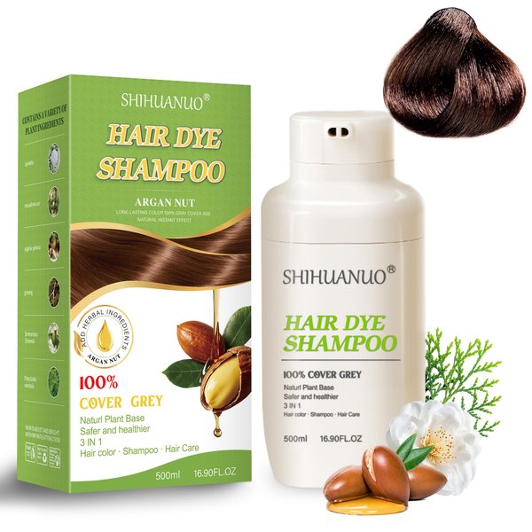 SHIHUANUO Hair Dye Shampoo 3 in 1 for Gray Hair Coverage, Argan nut Natural Shampoo Hair Dye for Women & Men/Ammonia-Free 520ml(Brown)