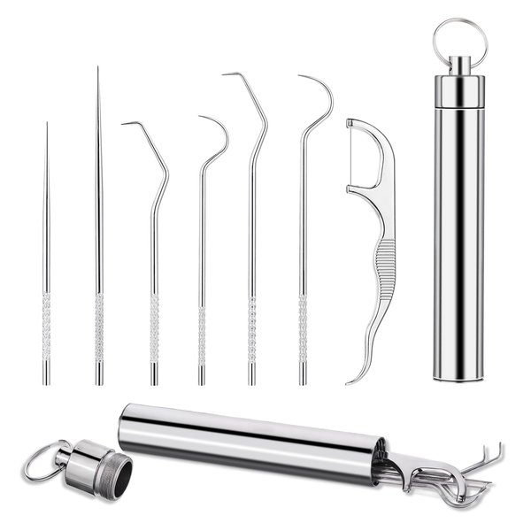 Larrel Stainless Steel Toothpicks, 7PCS Portable Dental Pick Reusable Stainless Steel Toothpicks Pocket Set Tooth Stains Remover for Outdoor Picnic Camping Travel