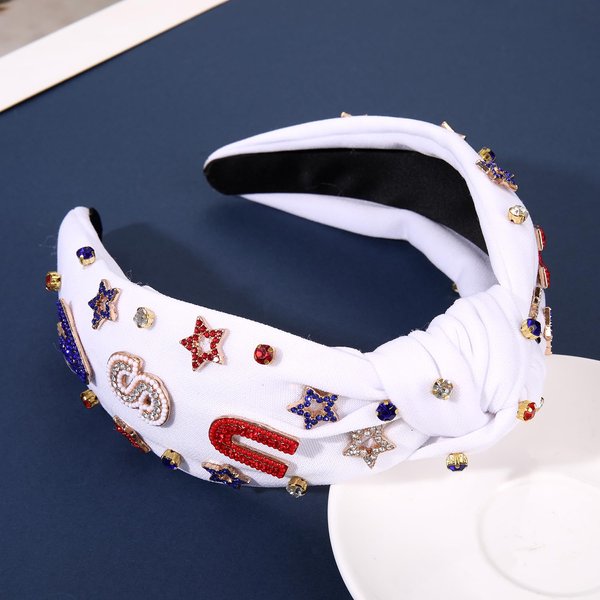 mokkia 4th of July Headband for Women American Flag Star Knotted Headbands Red White and Blue Rhinestone Crystal Top Knot Headbands Patriotic 4th of July Accessories Party Favors (Letter USA 7)