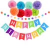 10 Pieces Happy Birthday Decorations Banner With Tissue Pom Poms For Rainbow Birthday Party Supplies