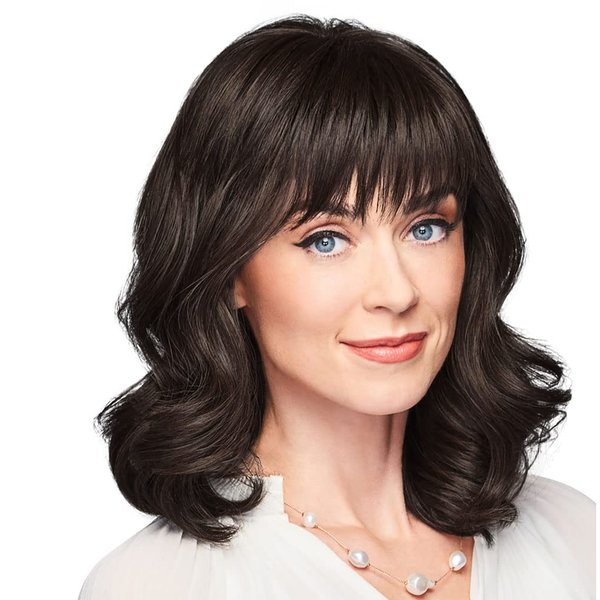 Gabor Ambitious Essential Collection Wig Cap, Mid-Length With Soft Bangs and Beachy Wave by Hairuwear, Dark Brown