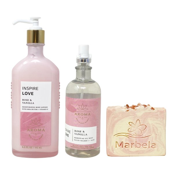 Bath & Body Works Aroma Inspire Love ROSE + VANILLA Essential Oil Mist and Body Lotion Set with a Himalayan Salts Springs Bar Soap - Full Size