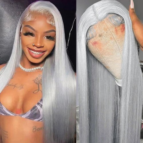 Grey Lace Front Wigs Human Hair 180% Density 13x4 HD Transparent Lace Frontal Wigs Human Hair Pre Plucked with Baby Hair Gray Glueless Wigs Human Hair for Black Women Colored Remy Hair Wigs 20 Inch