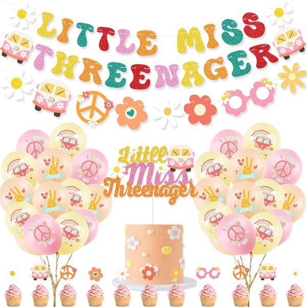 K KUMEED Groovy Birthday Decorations,Hippie Boho Party Decorations Include Little Miss Threenager Banner Cake Toppers Daisy Number 3 Foil Balloon for 3 Year Old Girl Retro Rainbow Party Supplies