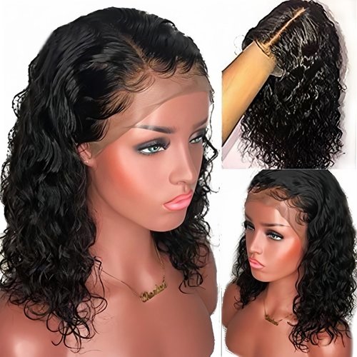 13x4 Glueless Lace Bob Wig Brazilian Remy Hair Water Wave Lace Front Human Hair Wigs For Black Women Wet and Wavy Lace Front Wig (8 inch, Water Wave)