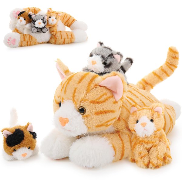 Muiteiur 4 Piece Cats Stuffed Animals, 15.7 inch Mom Plush Cat with 3 Kittens Stuffed in Zipper Pouch, Cute Yellow Mom and Baby Stuffed Cats for Kids Girls Boys Gift for Valentines Birthday