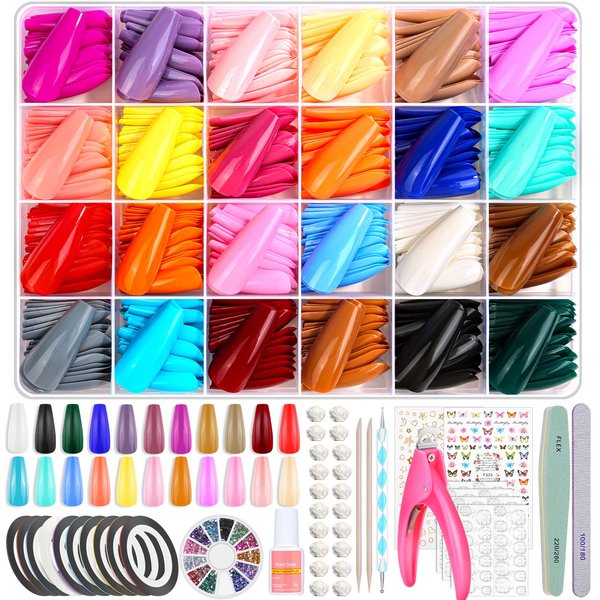 Qinzave 24 Colors Long Coffin Full Cover Press On Nails Tips 576PCS Long Press On Nails with Rhinestones, Adhesive Nail Striping Tapes, Nail Stickers, Long Press On Coffin Fake Nails with Nail Glue