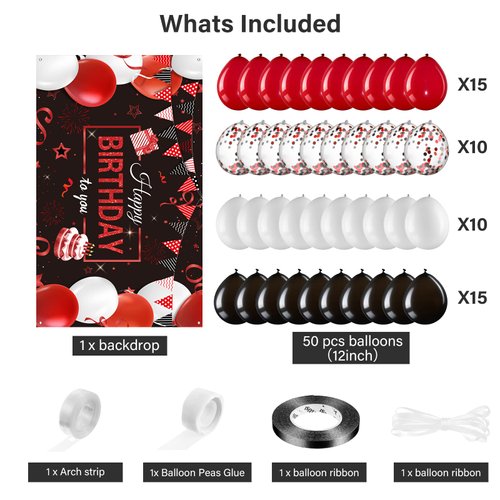 Birthday Party Decorations 50 Pieces Balloons Garland Kit Happy Birthday Backdrop Banner Sign Decorations for Kids Men Women Anniversary Birthday Party Supplies Decor(Red and Black)