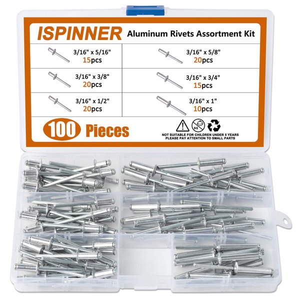 ISPINNER 100pcs 6 Sizes Aluminum Blind Rivets, Pop Rivets Assortment Kit 3/16" x (5/16" 3/8" 1/2" 5/8" 3/4" 1")(Silver)