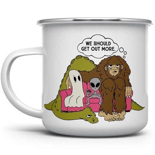 Funny Bigfoot Sasquatch Alien Ghost Loch Ness Monster Enamel Campfire Mug, Paranormal Cryptid Cryptozoology Gift, Outdoor Camping Coffee Cup (12oz)