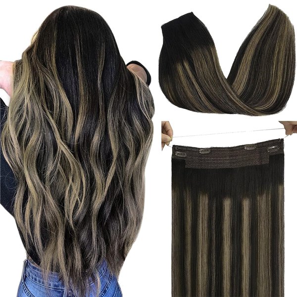 GOO GOO Wire Hair Extensions Real Human Hair, 20inch 110g Natural Black to Light Blonde, Invisible Wire Hair Extensions with Transparent, Seamless Fish Line Hairpiece, Straight Remy Hair Extensions
