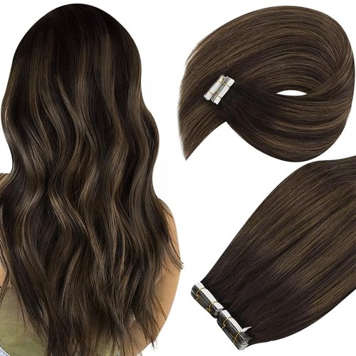 Ve Sunny Brown Tape in Hair Extensions Human Hair Seamless Hair Tape in Extensions Dark Brown Mixed Medium Brown Balayage Tape Hair Extensions Real Human Hair Brown Invisible Bonding 20pcs 50g 18”