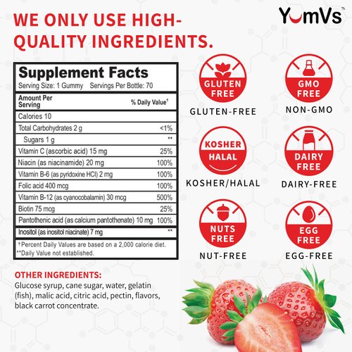 B-Complex with Vitamin C Gummies by YumVs | Daily Dietary Supplement for Adults and Kids | B6, B12, Vitamin C, Folic Acid, Niacin, and Biotin | Natural Strawberry Flavor Chewables, 70-Count | Kosher