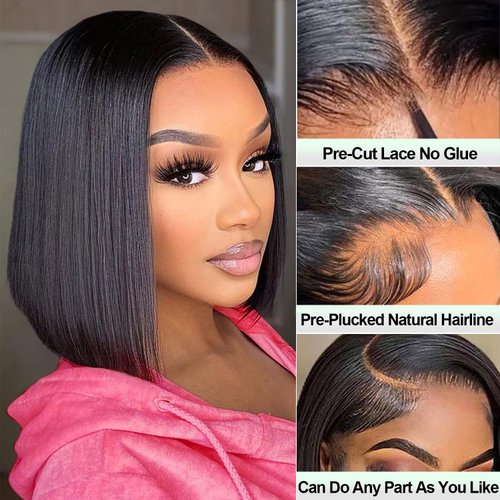 YMYHAIR Glueless Bob Wig Human Hair 8x5 HD Lace Front Wigs Human Hair Pre Plucked Pre Cut 180% Density Glueless Ready to Wear Wigs for Black Women 12Inch