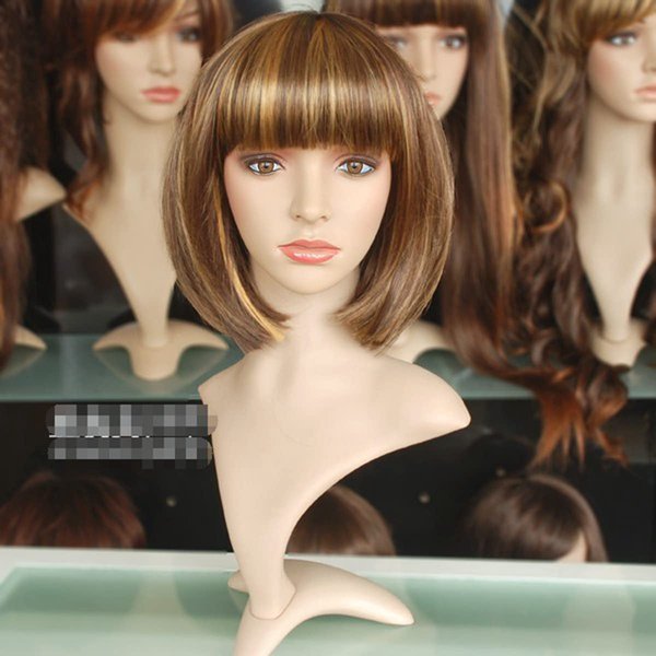 mzcurse Short Brown Bob Wig with Bangs Mixed Brown Blonde Highlights Wig for Women(Short Bob)