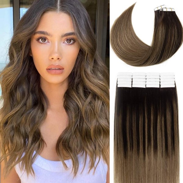 LacerHair Tape In Hair Extensions Remy Human Hair Double Sided Tape Skin Weft Glue in Extensions Human Hair 20 Inch Darkest Brown Fading to Chestnut Brown B#2/6 20pcs/50g