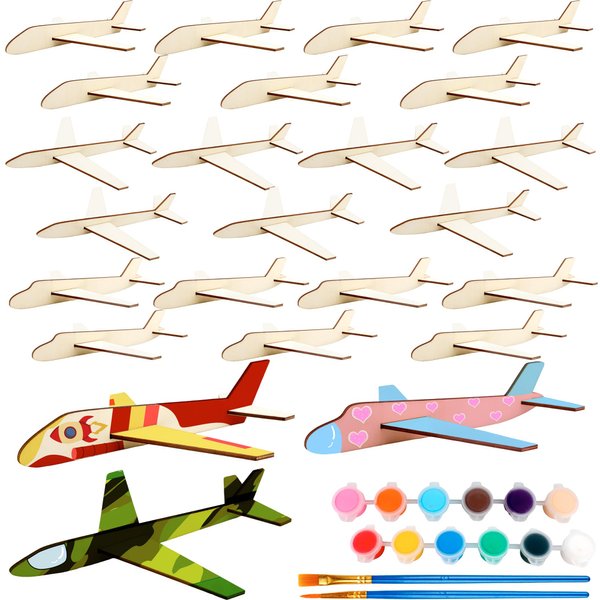 Haconba 24 Pack DIY Wooden Airplane Paintable Wood Craft Planes with 2 Pcs 3 ml Acrylic Paint Strip and 2 Pcs Painting Brushes for DIY Craft Activities Birthday Airplane Theme Party, 3 Styles