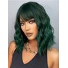 LOSMOEER Dark Green Wig with Bangs Short Wavy Wigs for Women Shoulder Length Curly Bob Wigs Heat Resistant Synthetic Wigs for Halloween Cosplay Daily Party Use