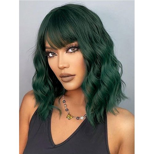 LOSMOEER Dark Green Wig with Bangs Short Wavy Wigs for Women Shoulder Length Curly Bob Wigs Heat Resistant Synthetic Wigs for Halloween Cosplay Daily Party Use