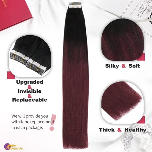 Moresoo Burgundy Tape in Hair Extensions Balayage Off Black to Burgundy Hair Extensions Real Human Hair Tape in Ombre Human Hair Tape in Extensions Balayage 16 Inch #1B/99J 20pcs 50g