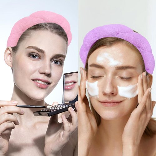 Wecoe 2pcs Skincare Headband For Washing Face Makeup Spa Headband Face Wash Headband Cute Pink Purple Puffy Sponge Bubble Headband Hair Accessories For Women Girls Kids Teens Gifts