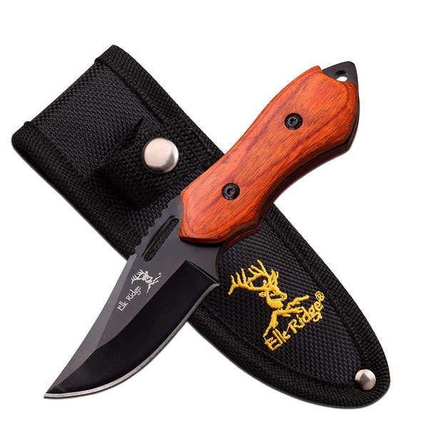 Elk Ridge - Outdoors Fixed Blade Knife - 6-in Overall, 3-in Black Stainless Steel Blade, Brown Wood Handle, 1680D Nylon Sheath - Hunting, Camping, Survival - ER-562WD