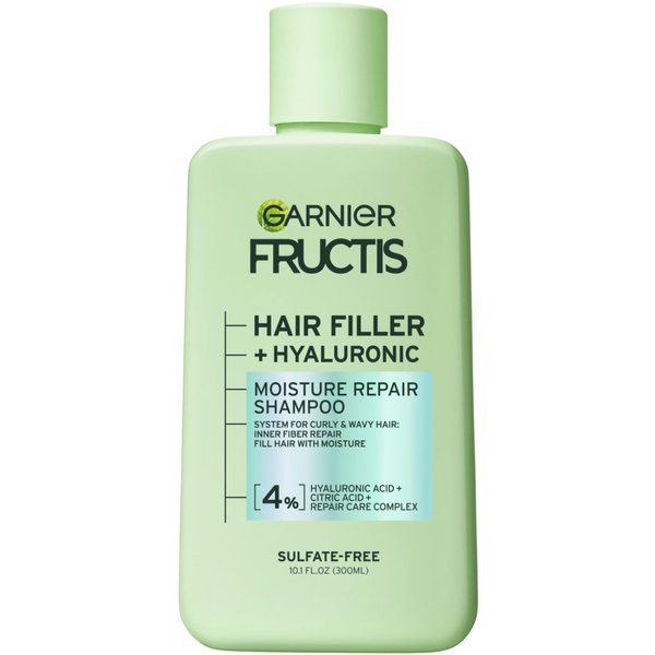 Garnier Fructis Hair Filler Moisture Repair Shampoo, Sulfate Free Shampoo for Curly, Wavy Hair with Hyaluronic Acid, 10.1 Fl Oz, 1 Count