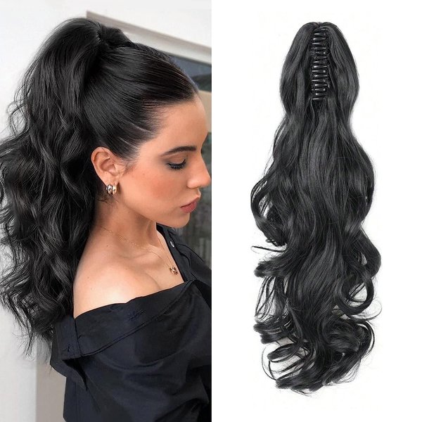 WZNBBOY Claw Clip Ponytail Extension Clip in Hair Extension Long Curly Wavy Pony Tail Natural Soft Synthetic Curly Hairpiece For Women (Black)