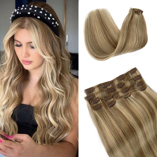 Clip in Hair Extensions Human Hair Light Blonde and Golden Blonde Real Human Hair Extensions Clip ins 18 Inch Soft Silky Highlights Blonde Clip in Extensions Double Weft 70grams 7pcs