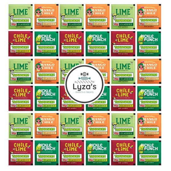 Twangerz Flavor Enhancing Salt Packets | Lime, Chili Lime, Mango Chili & Pickle Punch | Mexican Inspired Snack Boosters | Gluten Free, Vegan, All Natural | 80 Count Variety Gift Bundle (20 Each Flavor) of 1 Gram Single Serve Packets By Lyza's Sweets & Tre
