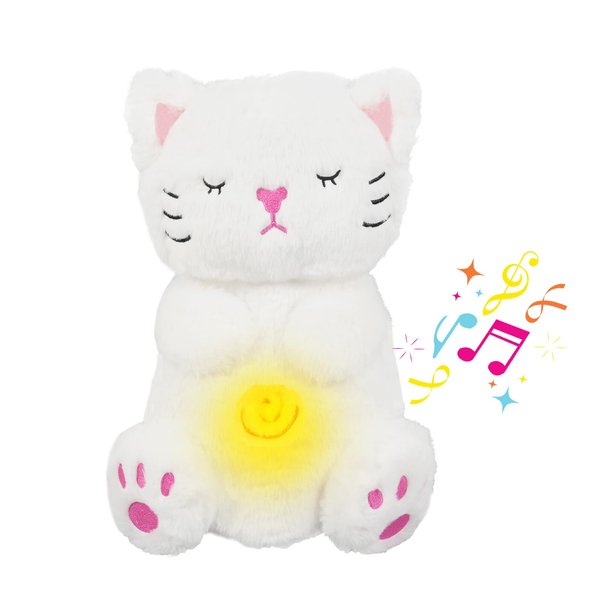 Breathing Stuffed Animal, Soothe Snuggle Cat Plush, Sleeping Plush for Kids Toy Birthday Gift with Sensory Details Musical Lights and Rhythmic Breathing Sleep Companion (White)