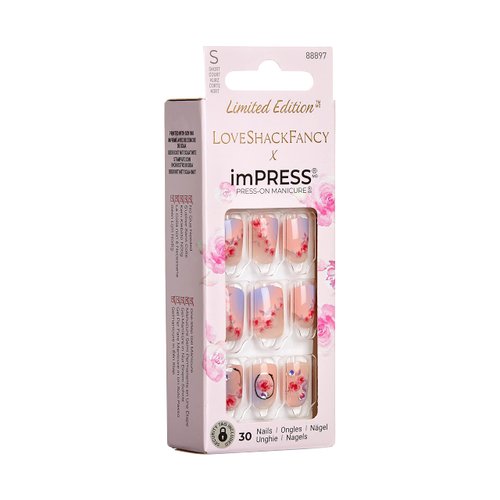KISS LoveShackFancy x imPRESS Press-On Manicure Limited Edition, Style "Sunkissed Peach" Short Square Pink Press-On Nails, Includes Prep Pad, Mini Nail File, Cuticle Stick, & 30 Fake Nails