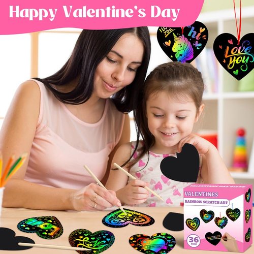 MDCGFOD 36 Pack Valentines Day Gifts for Kids, Rainbow Scratch Heart Crads Valentine Crafts for Kids - Create Magic Color Scratch Art for School Classroom Game Prizes Valentines Party Favors