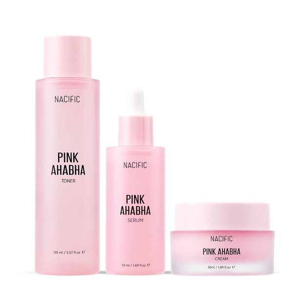 NACIFIC Pink AhaBha Triple Set (Toner 150ml, Serum 50ml, Cream 50ml) AHA, BHA, Watermelon extract Glow Moristurizing Hyaluronic Acid