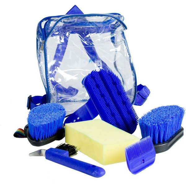 HORZE Backpack Easy-Carry Horse Grooming Set with Six Soft Grip Grooming Tools - Blue
