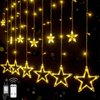 Star Curtain Lights for Bedroom - Plug-in 9ft 138 LED Fairy Twinkle Lights with 12 Star Drops, Connectable Window Lights with Remote 8 Lighting Modes for Indoor Xmas Ramadan Decoration, Warm White