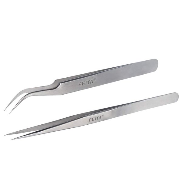 Best Eyelash Extension Tweezer Set - FEITA Pro Straight & Curved Pointy Precision Fine Tip Tweezers for Lash Extensions - Silver - 2Pcs