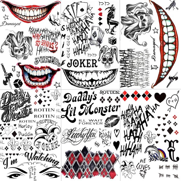 6 Sheets Halloween Joker Tattoo Sticker Decals, Damaged Joker Temporary Tattoos For Men Women Adults, Halloween Face HQ Tattoos Clown, Rave Party Accessories Costume Gothic Fake Tattoo Set