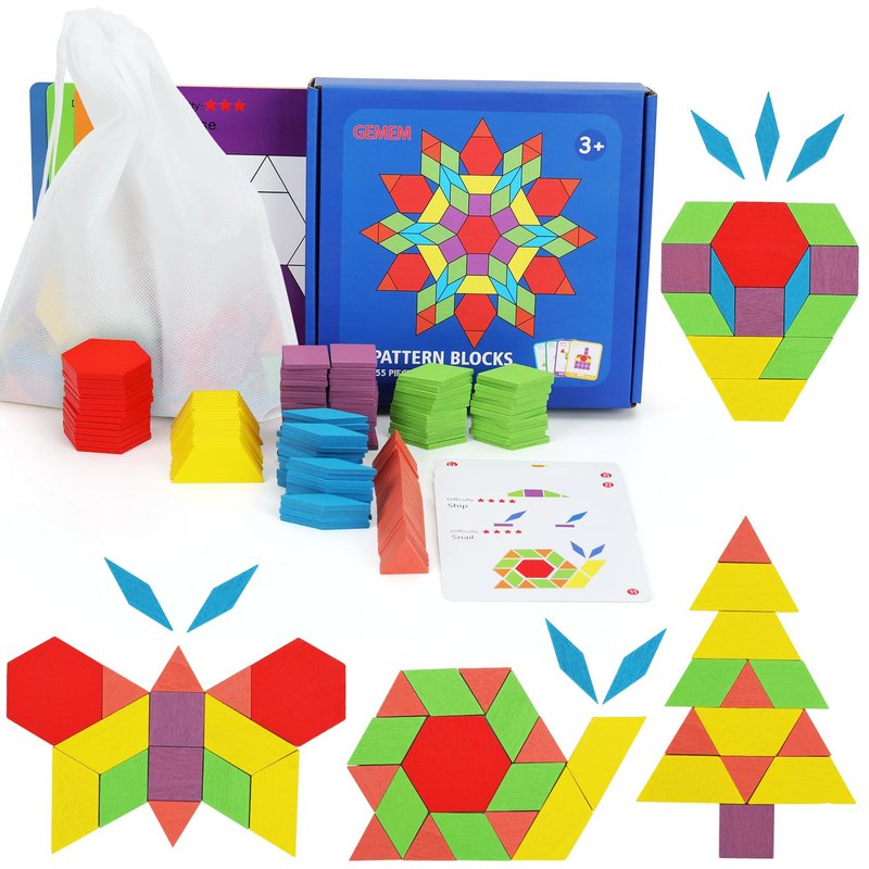 GEMEM 155 Pcs Wooden Pattern Blocks Set Geometric Shape Puzzle ...