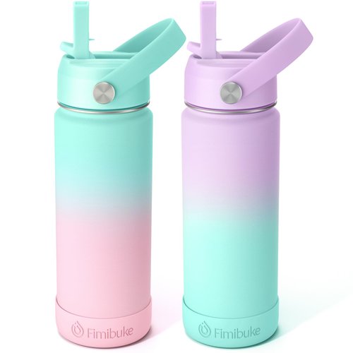 Fimibuke Kids Insulated Water Bottle - 18oz BPA-FREE 18/8 Stainless Steel Kid Cup with Straw Travel Tumbler Leak Proof Double Wall Vacuum Toddler Water Bottle for School Boy Girl（2 Pack, Candy/Bubble）