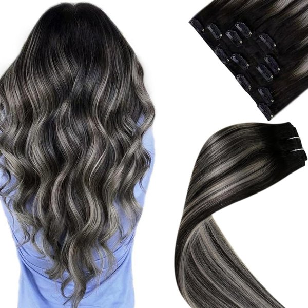 LaaVoo Clip in Hair Extensions Real Human Hair 18 Inch Ombre Black to Silver Grey Balayage Hair Extensions Clip ins Silver Balayage Human Hair Clip in Extensions Black Women Straight 5Pcs 80g