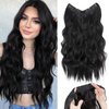 S-noilite Invisible Wire Hair Extensions 24 Inch Black Long Wavy Synthetic String Wire Secret Hairpiece with Transparent Curly Wavy Wire Clips in Hair Extensions for Women Adjustable Size,#1