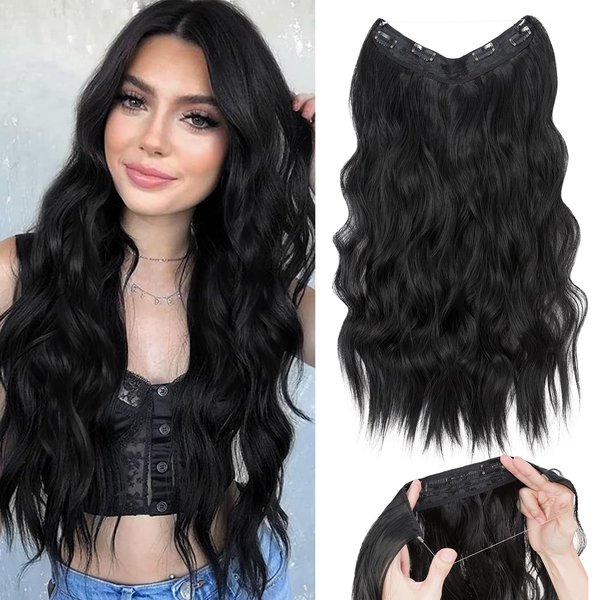 S-noilite Invisible Wire Hair Extensions 24 Inch Black Long Wavy Synthetic String Wire Secret Hairpiece with Transparent Curly Wavy Wire Clips in Hair Extensions for Women Adjustable Size,#1